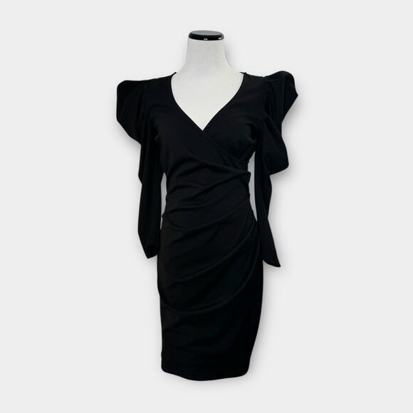 Vintage Gibiu Black Bodycon Faux Wrap Structured Shoulder Dress L - Picture 11 of 11